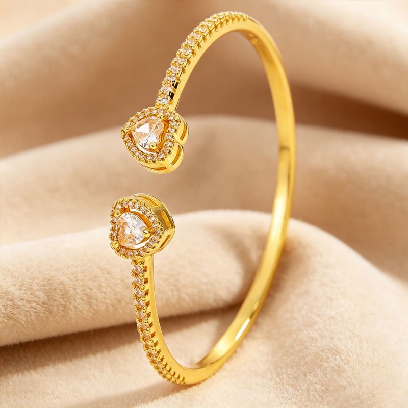 2pcs Double Heart Opening Stainless Steel & Copper Bracelet Set